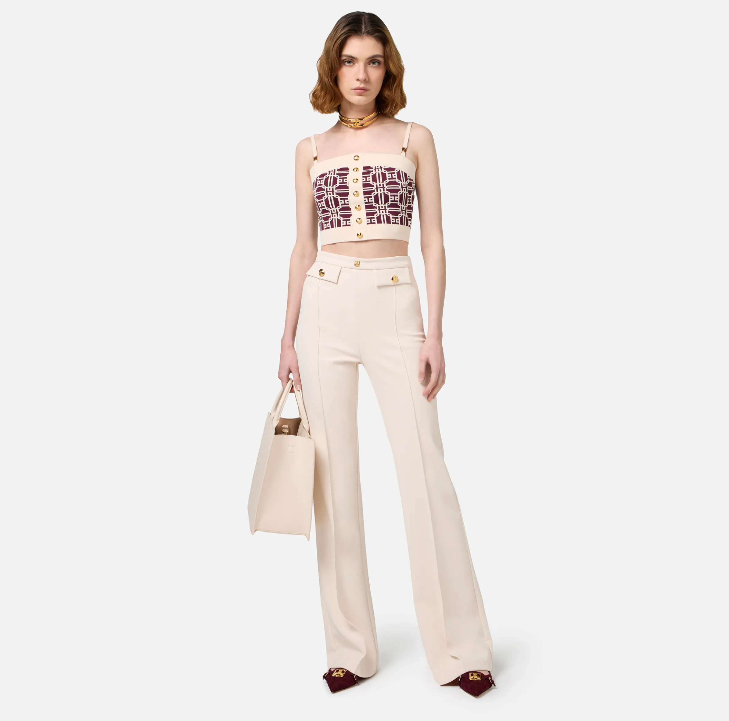 Pantalone palazzo in crêpe stretch con rivetto logo