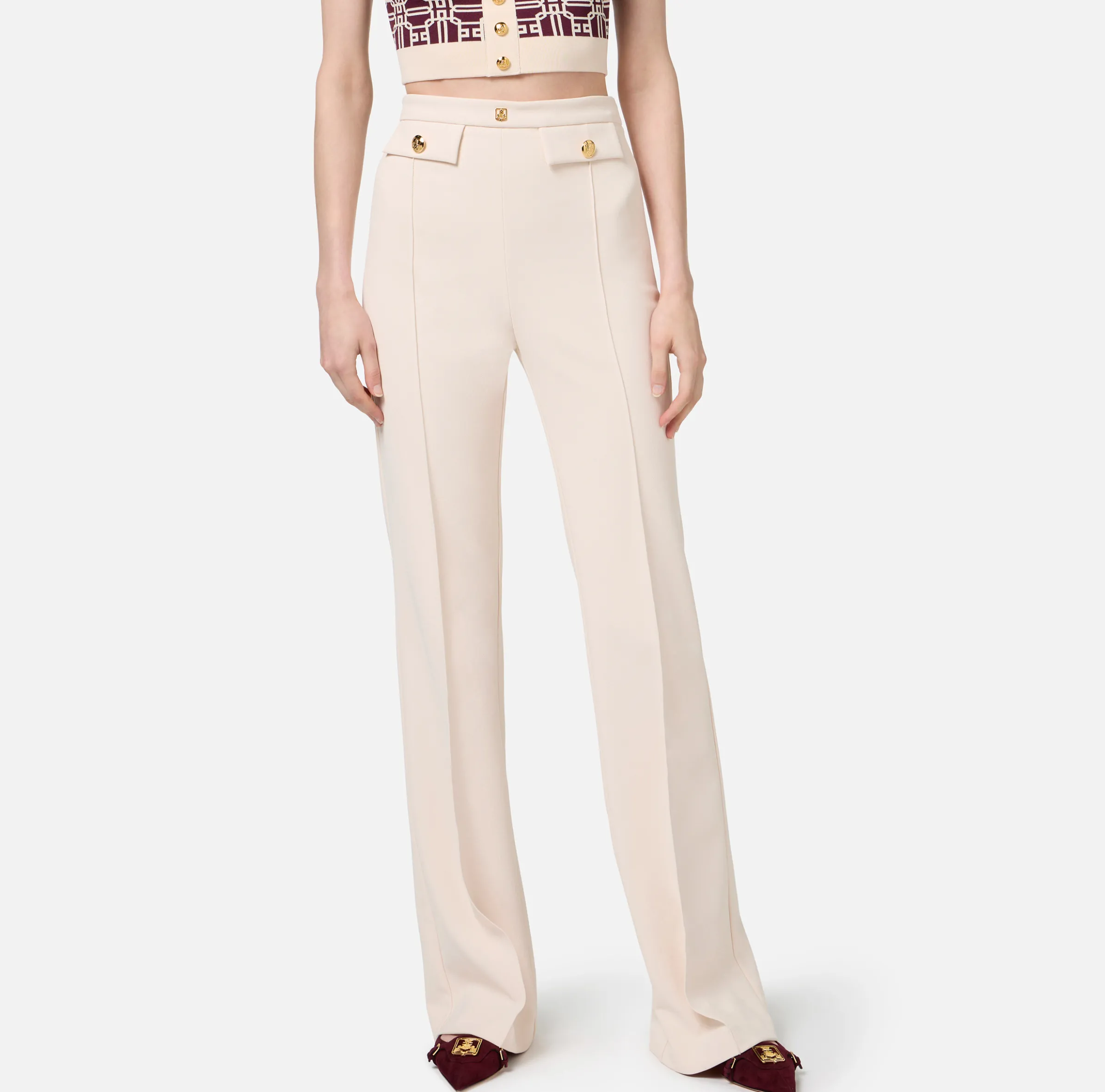 Pantalone palazzo in crêpe stretch con rivetto logo