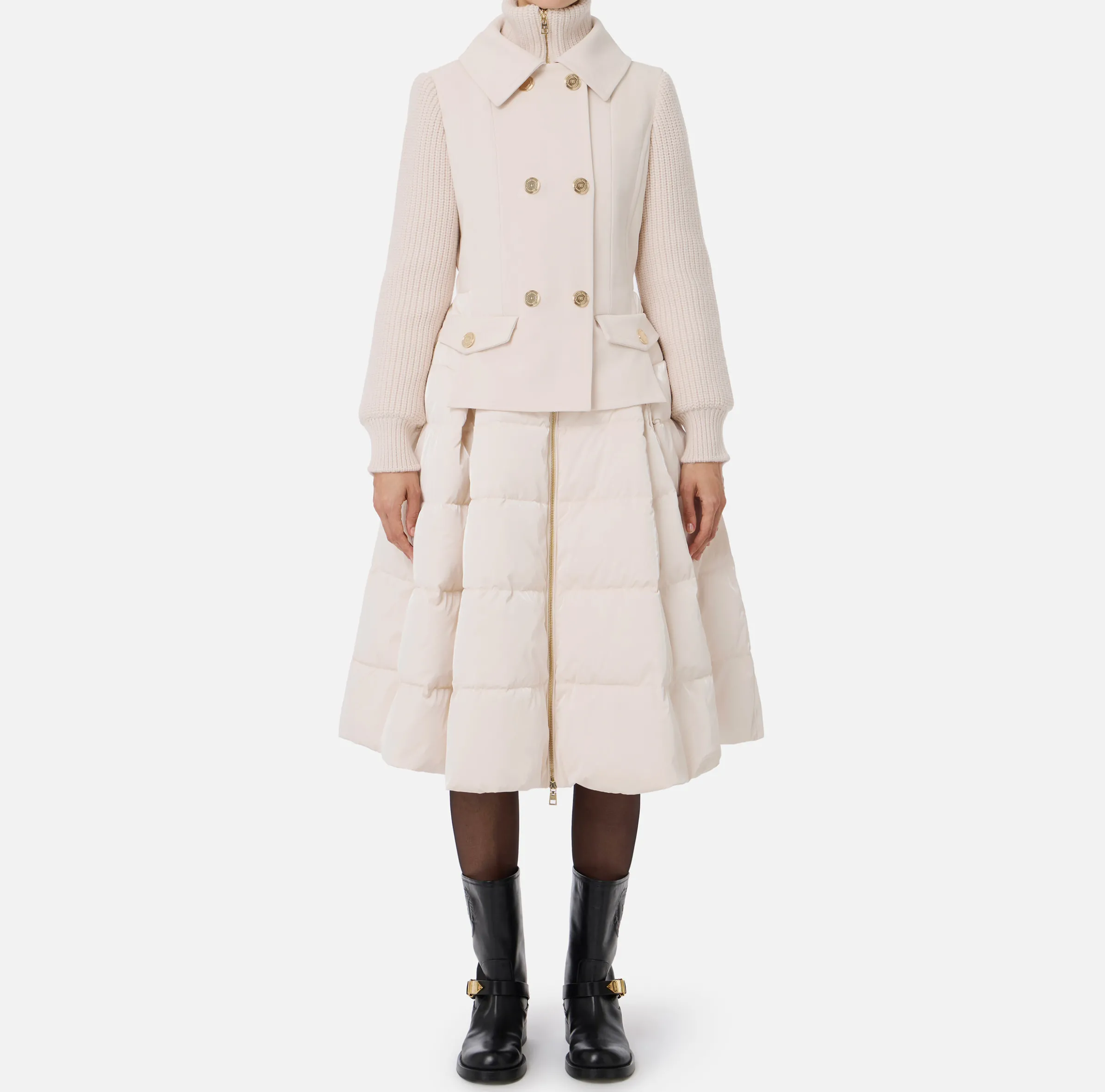 Piumino in nylon e panno con gonna a ruota
