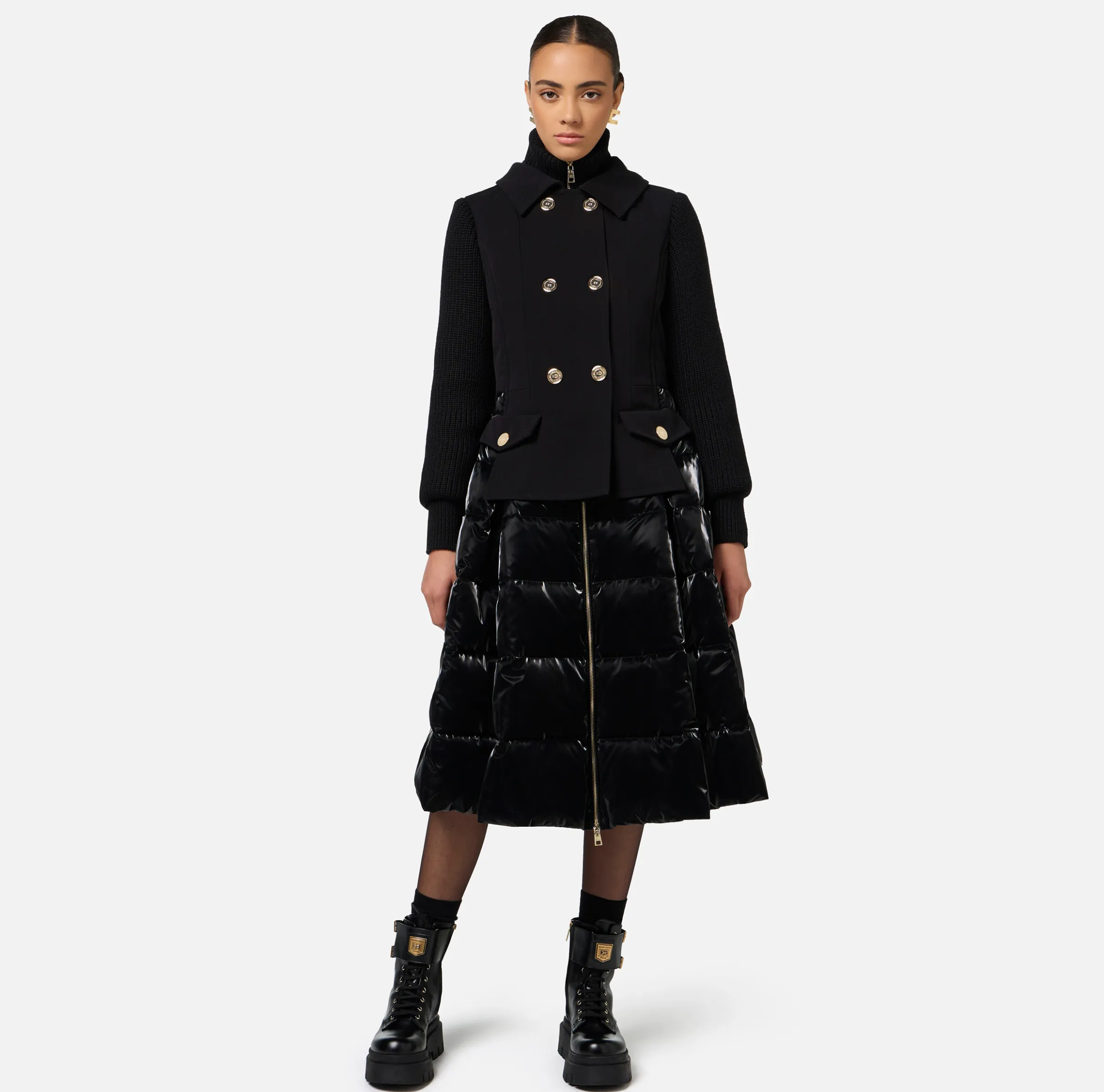 Piumino in nylon e panno con gonna a ruota