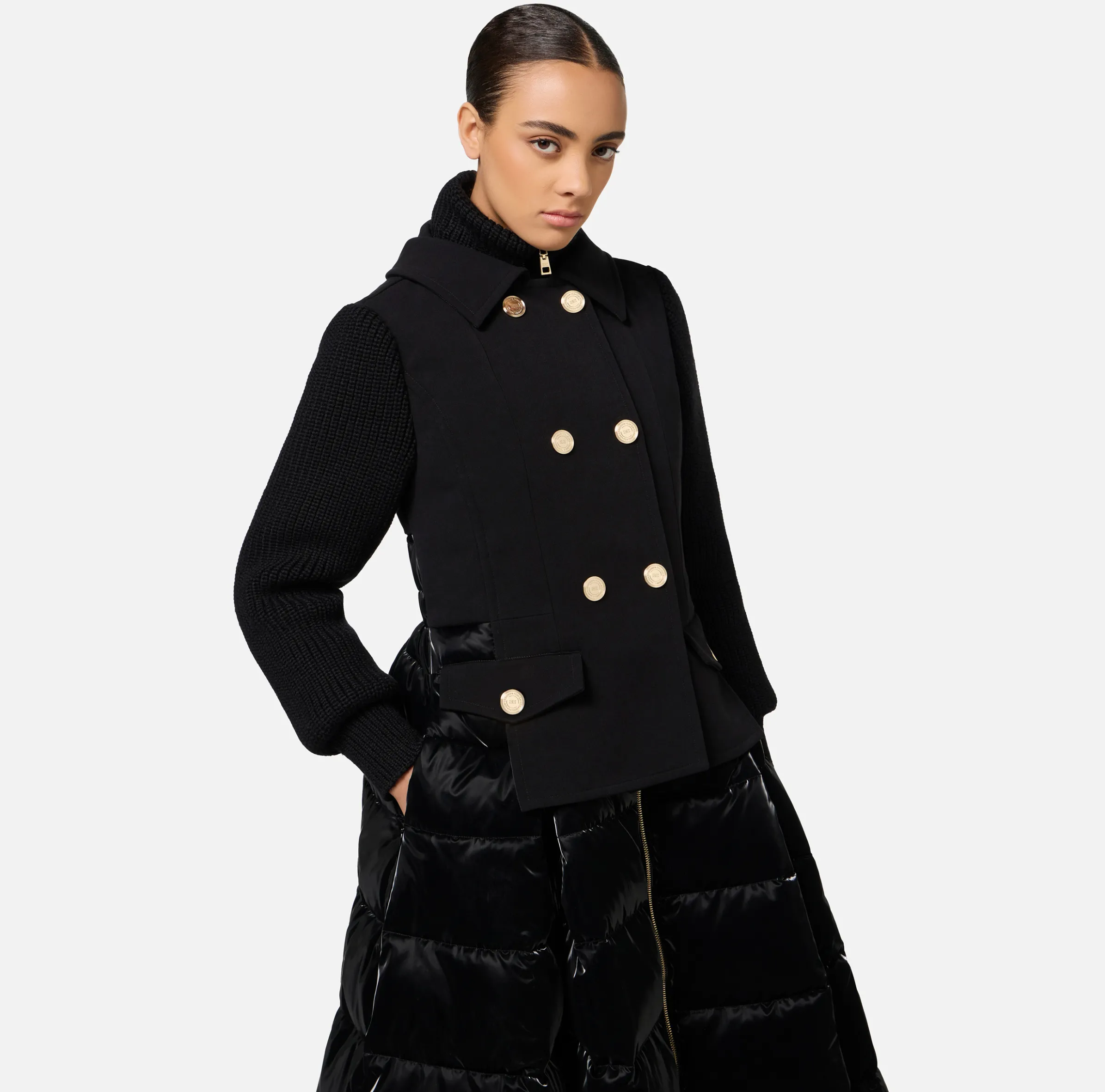 Piumino in nylon e panno con gonna a ruota