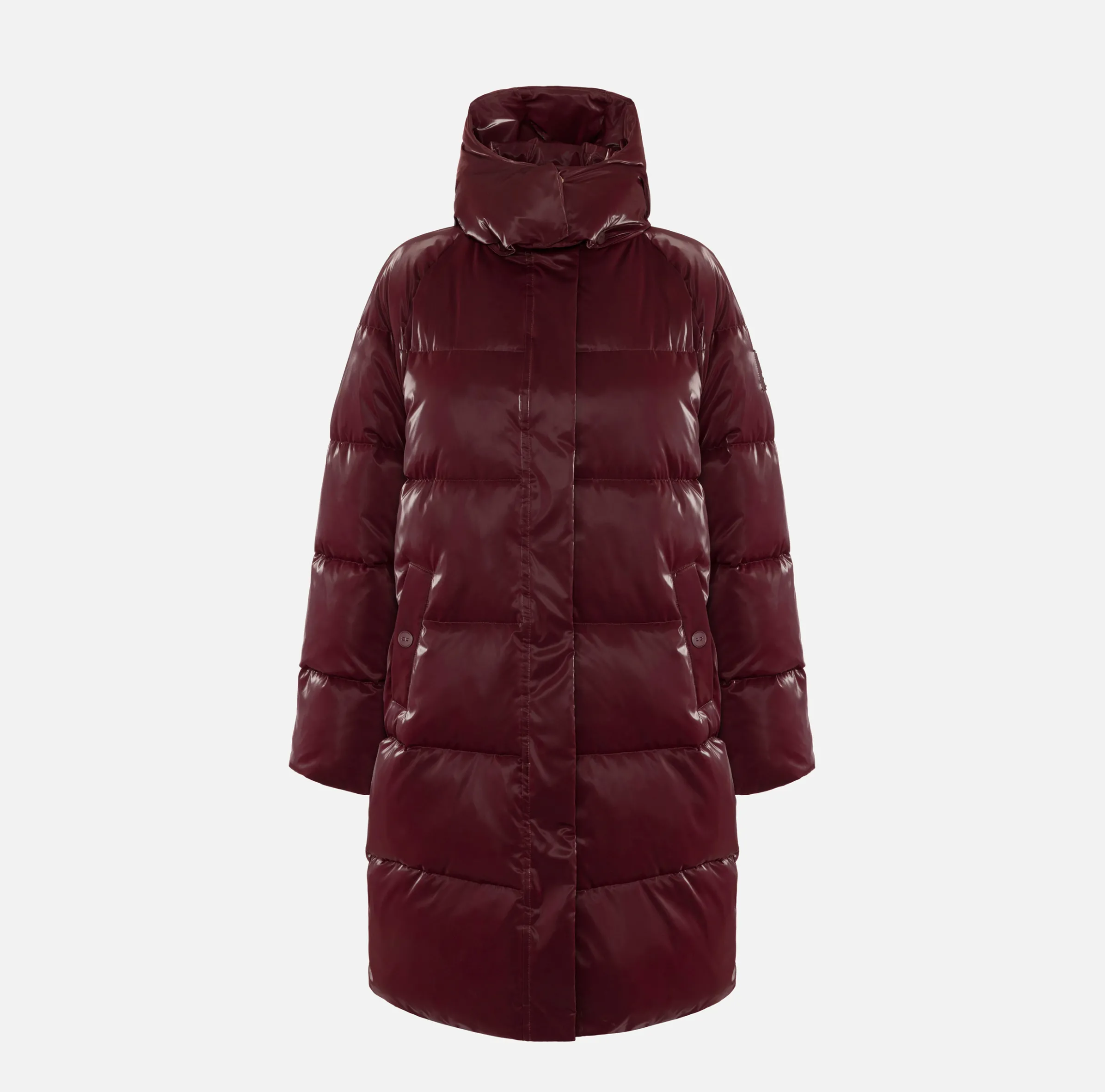 Piumino lungo in nylon satin con cappuccio