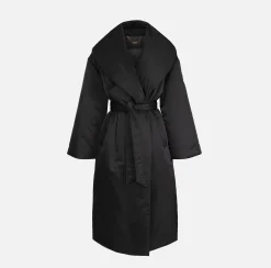 Piumino lungo in nylon satin con ampio collo