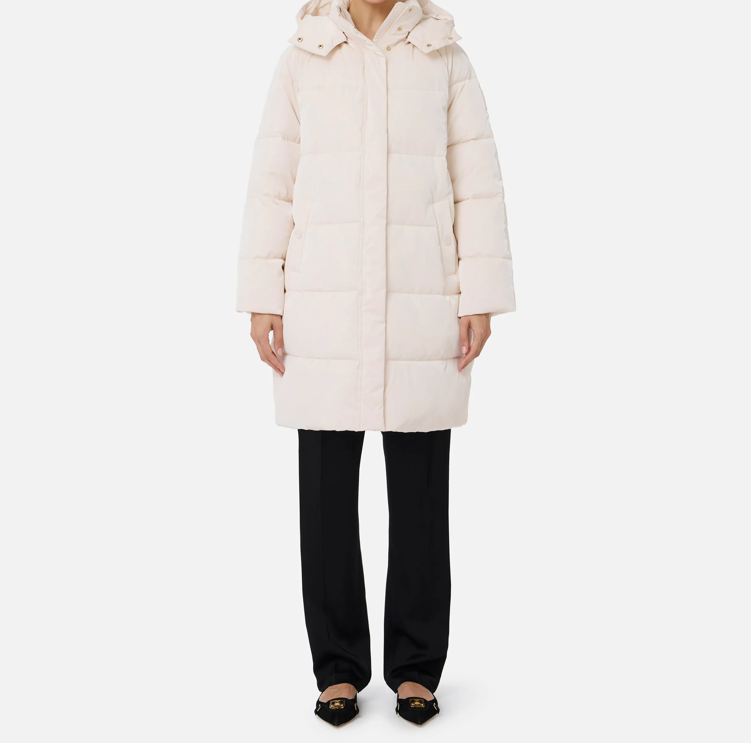 Piumino lungo in nylon satin con cappuccio