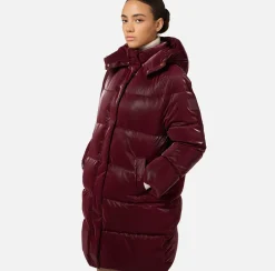 Piumino lungo in nylon satin con cappuccio