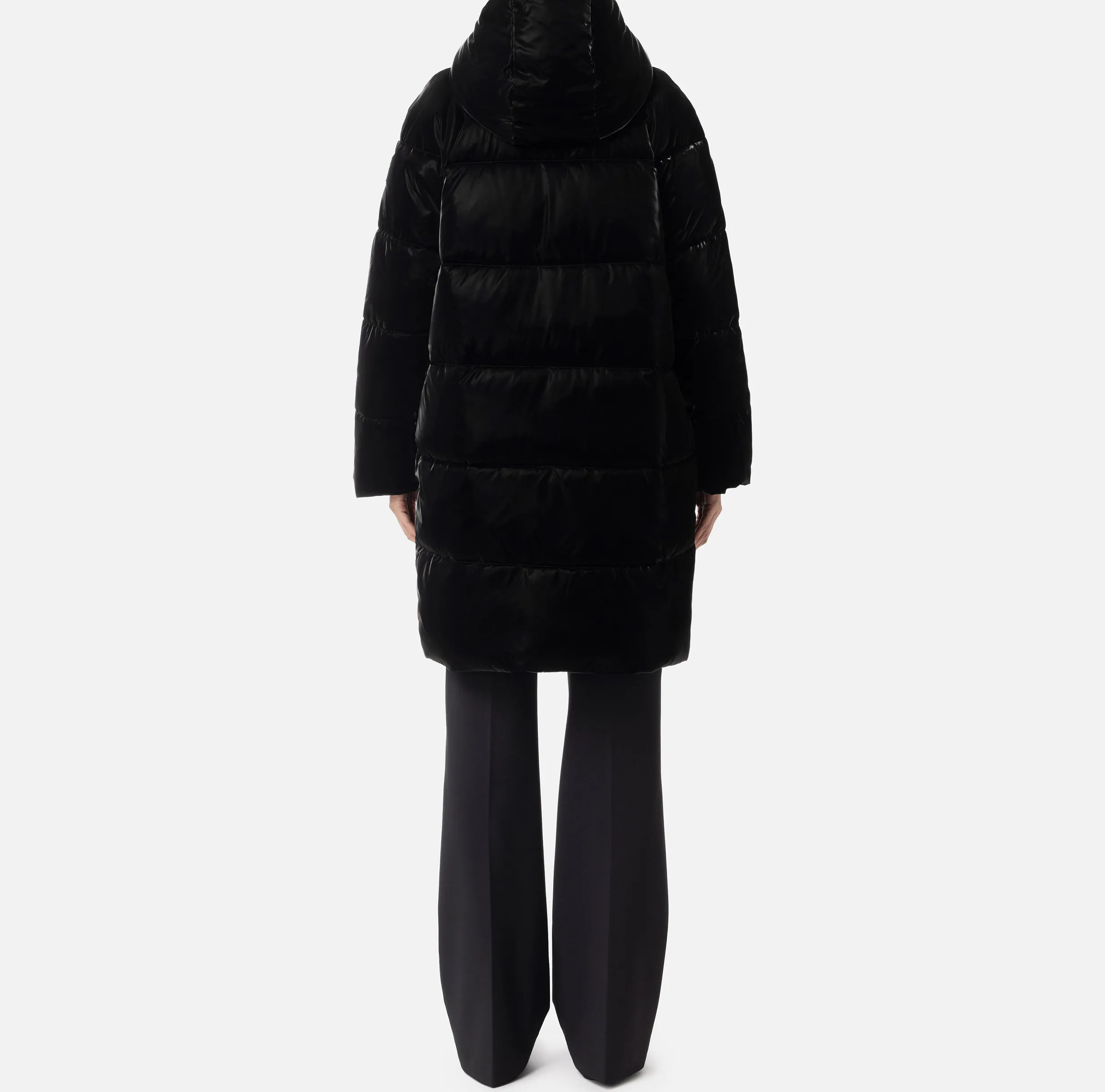Piumino lungo in nylon satin con cappuccio