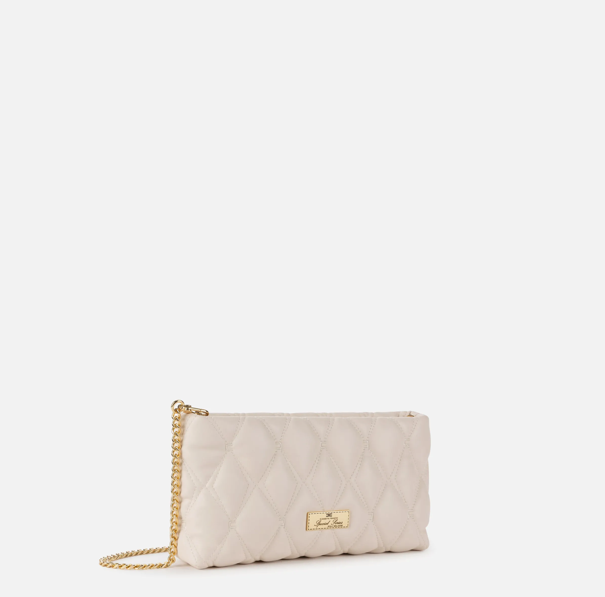 Pochette in tessuto embossed con tracolla in catena
