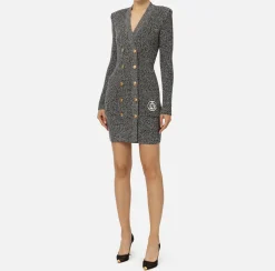 Robe manteau doppiopetto in lana mouliné con patch logo