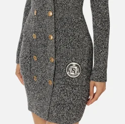Robe manteau doppiopetto in lana mouliné con patch logo