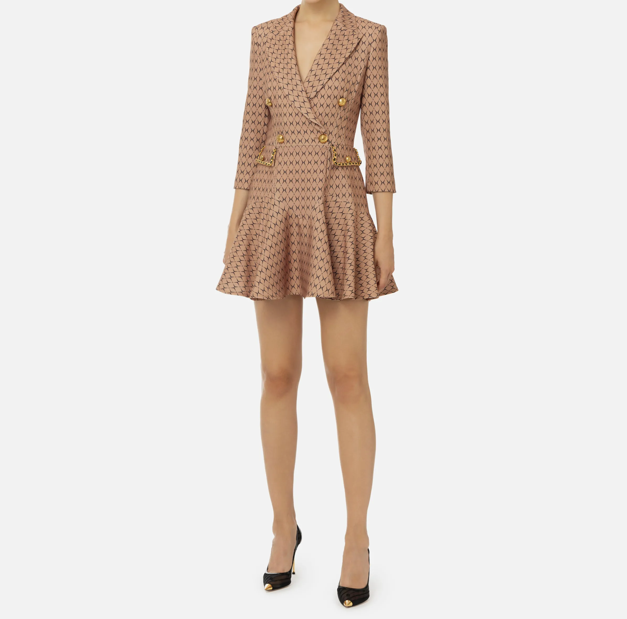 Robe manteau in crêpe stretch stampa rombo con catena