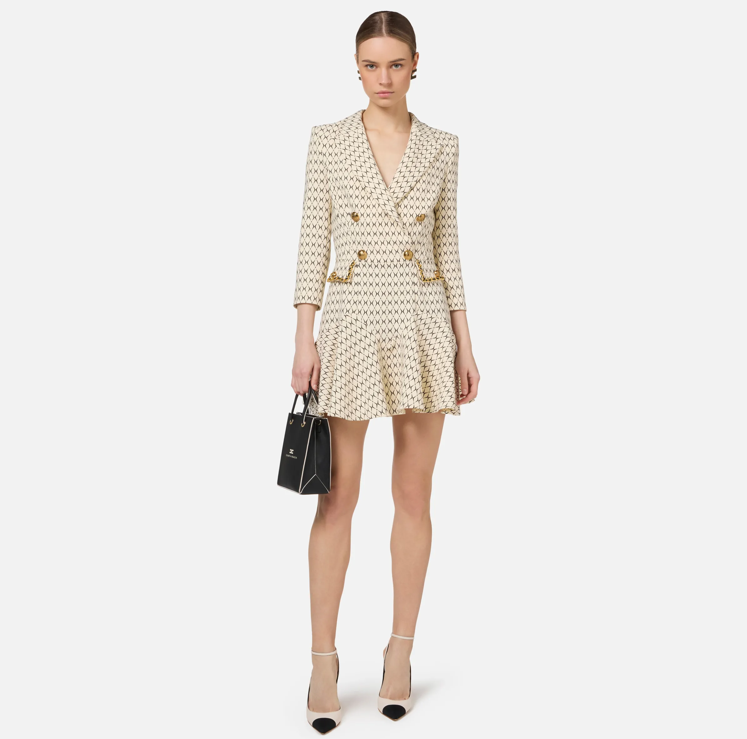 Robe manteau in crêpe stretch stampa rombo con catena