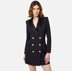 Robe manteau in crêpe stretch con revers in raso