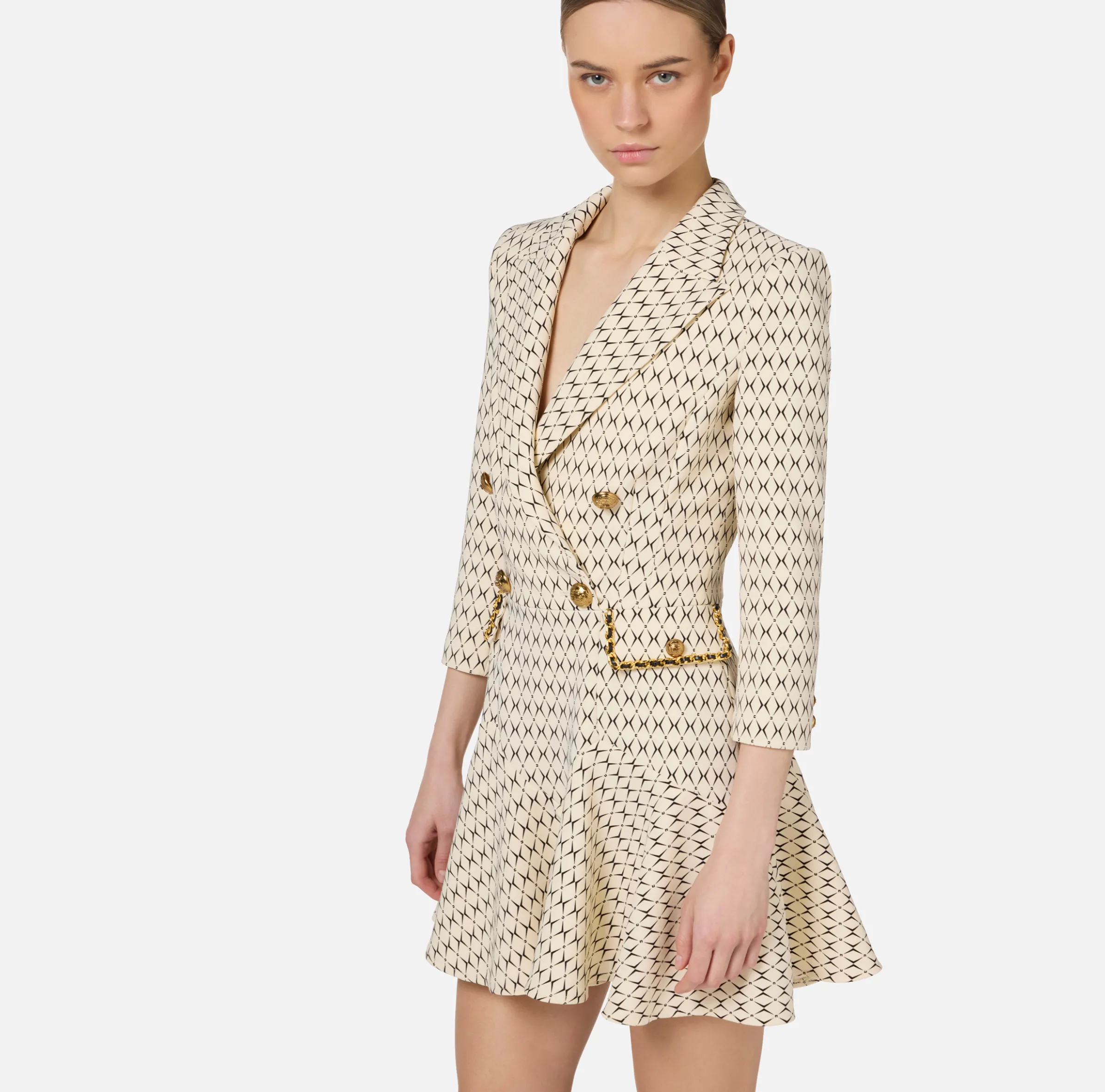 Robe manteau in crêpe stretch stampa rombo con catena