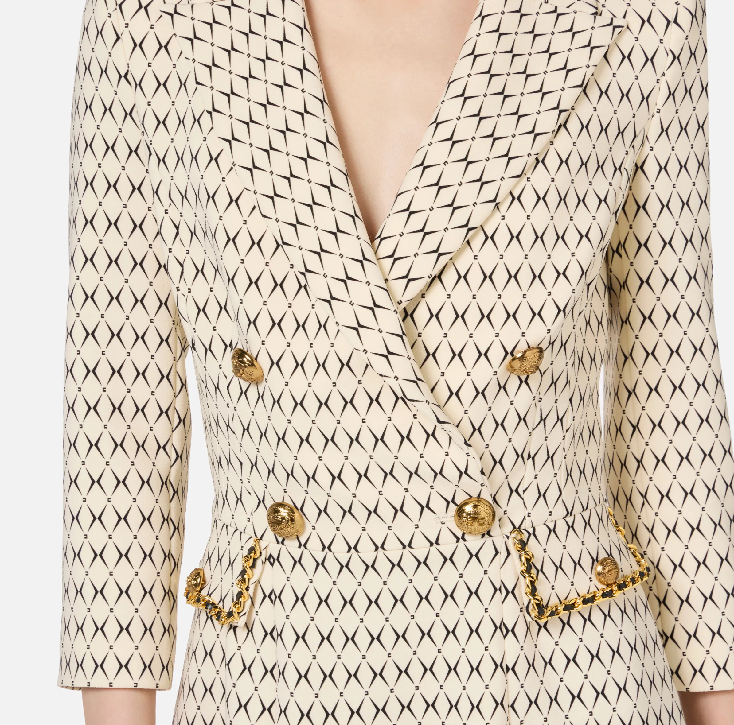 Robe manteau in crêpe stretch stampa rombo con catena