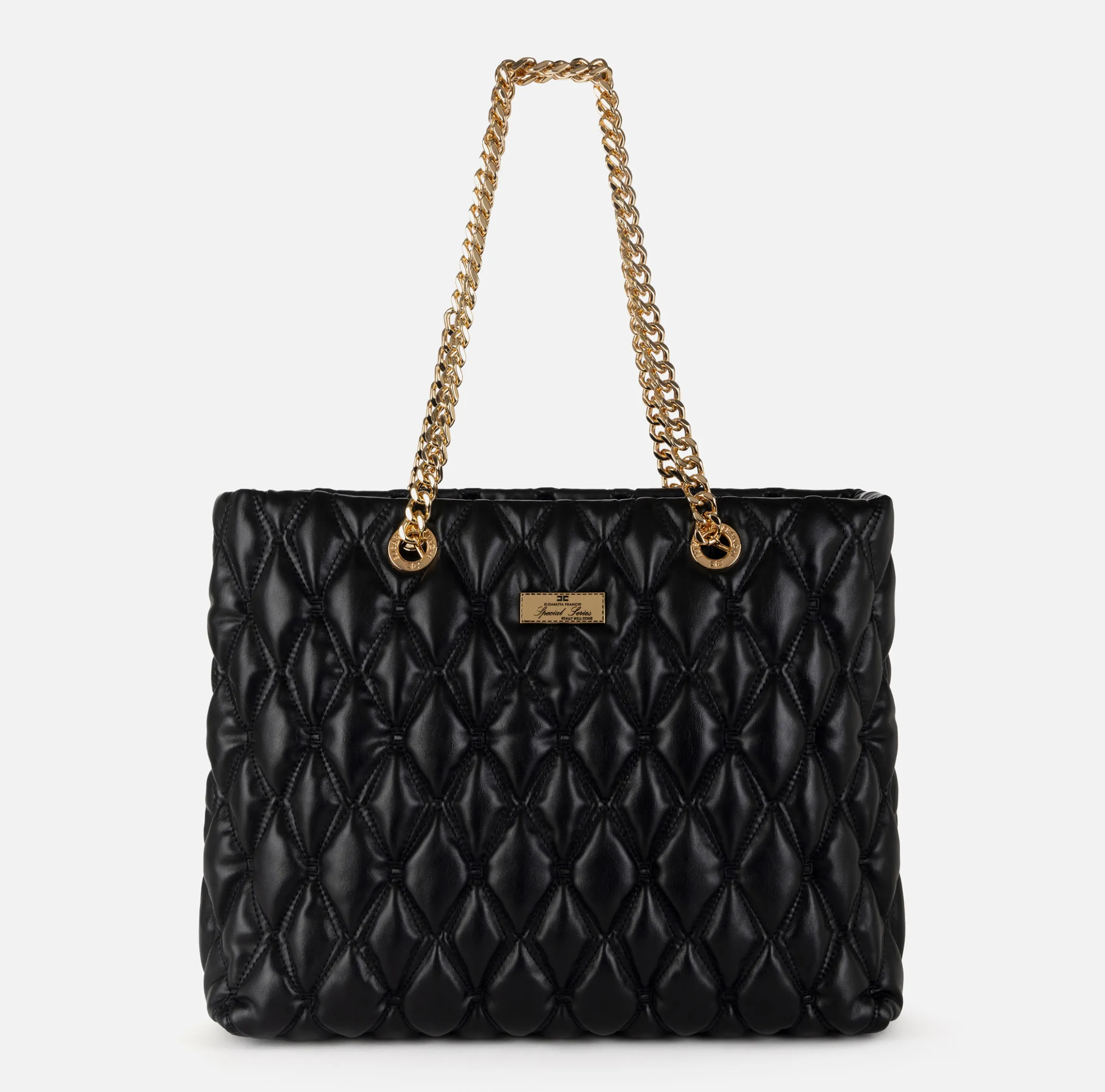 Shopper in tessuto embossed con manici in catena