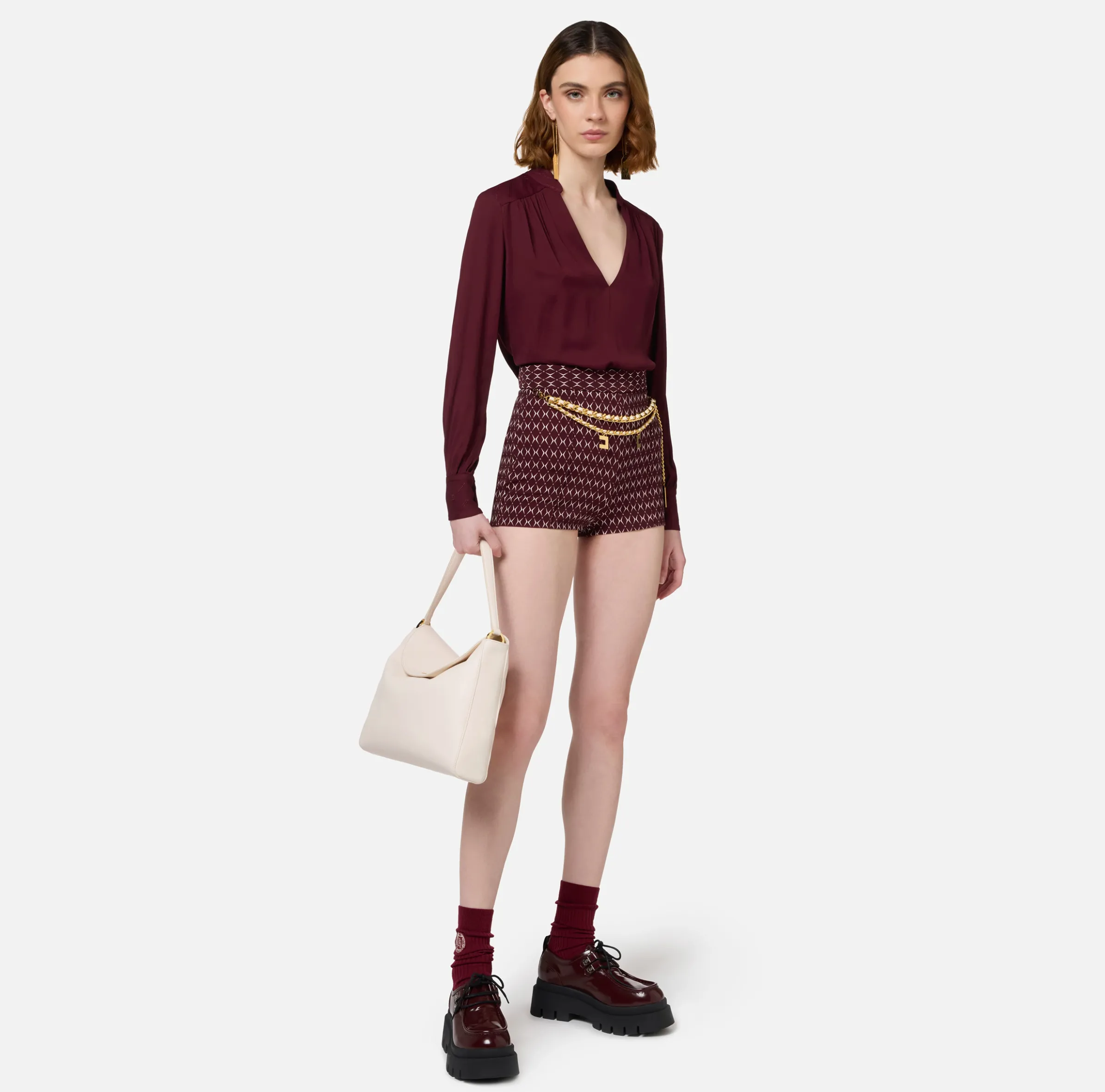 Short in crêpe stretch stampa rombo con catena