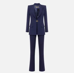 Tailleur in doppio crêpe stretch con giacca dritta e pantalone a palazzo