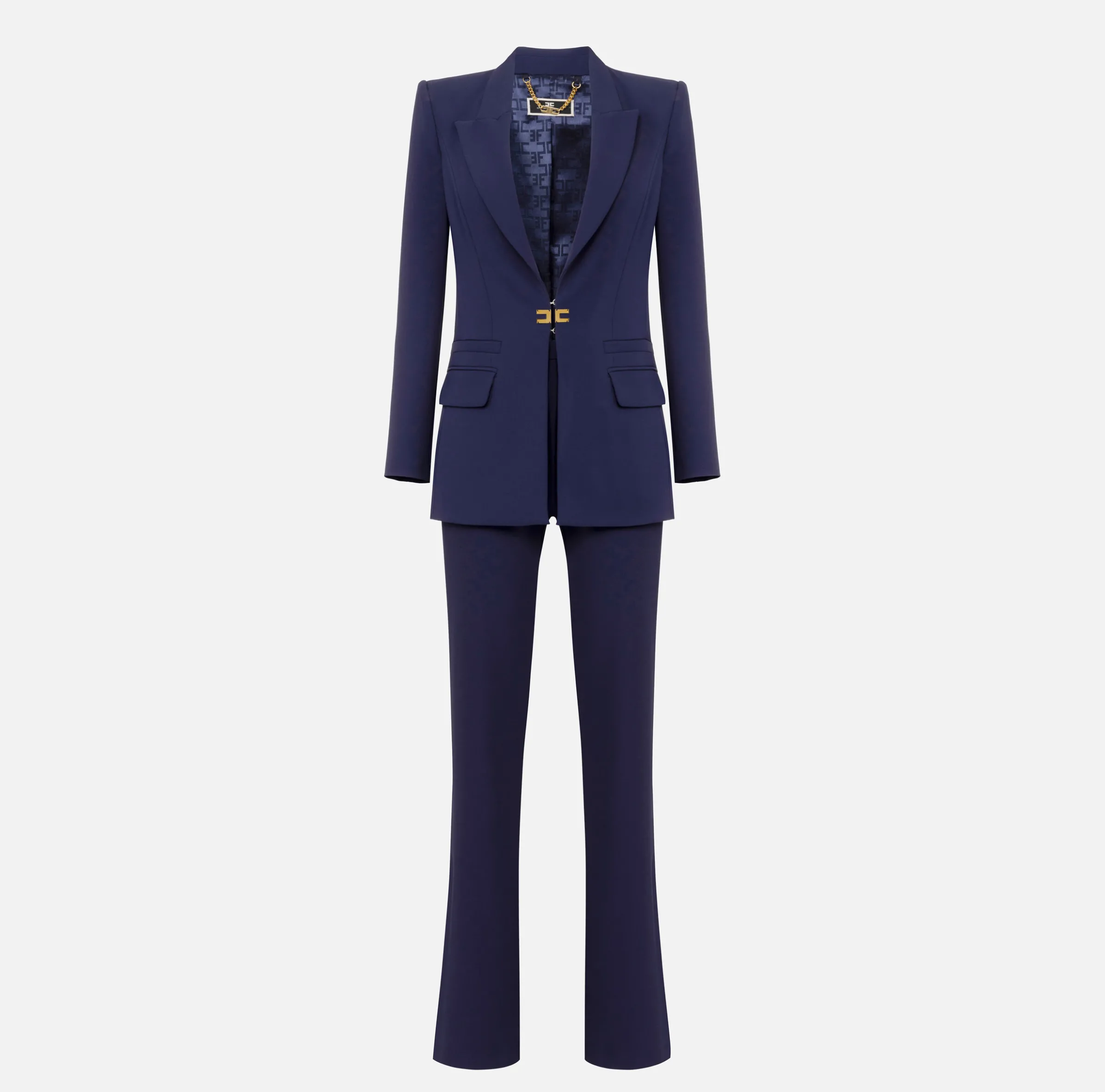 Tailleur in doppio crêpe stretch con giacca dritta e pantalone a palazzo
