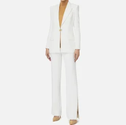 Tailleur in doppio crêpe stretch con giacca dritta e pantalone a palazzo
