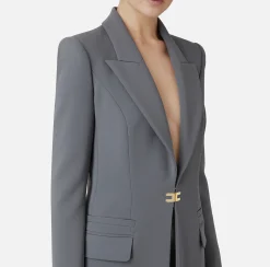 Tailleur in doppio crêpe stretch con giacca dritta e pantalone a palazzo