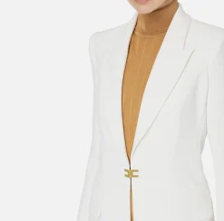 Tailleur in doppio crêpe stretch con giacca dritta e pantalone a palazzo