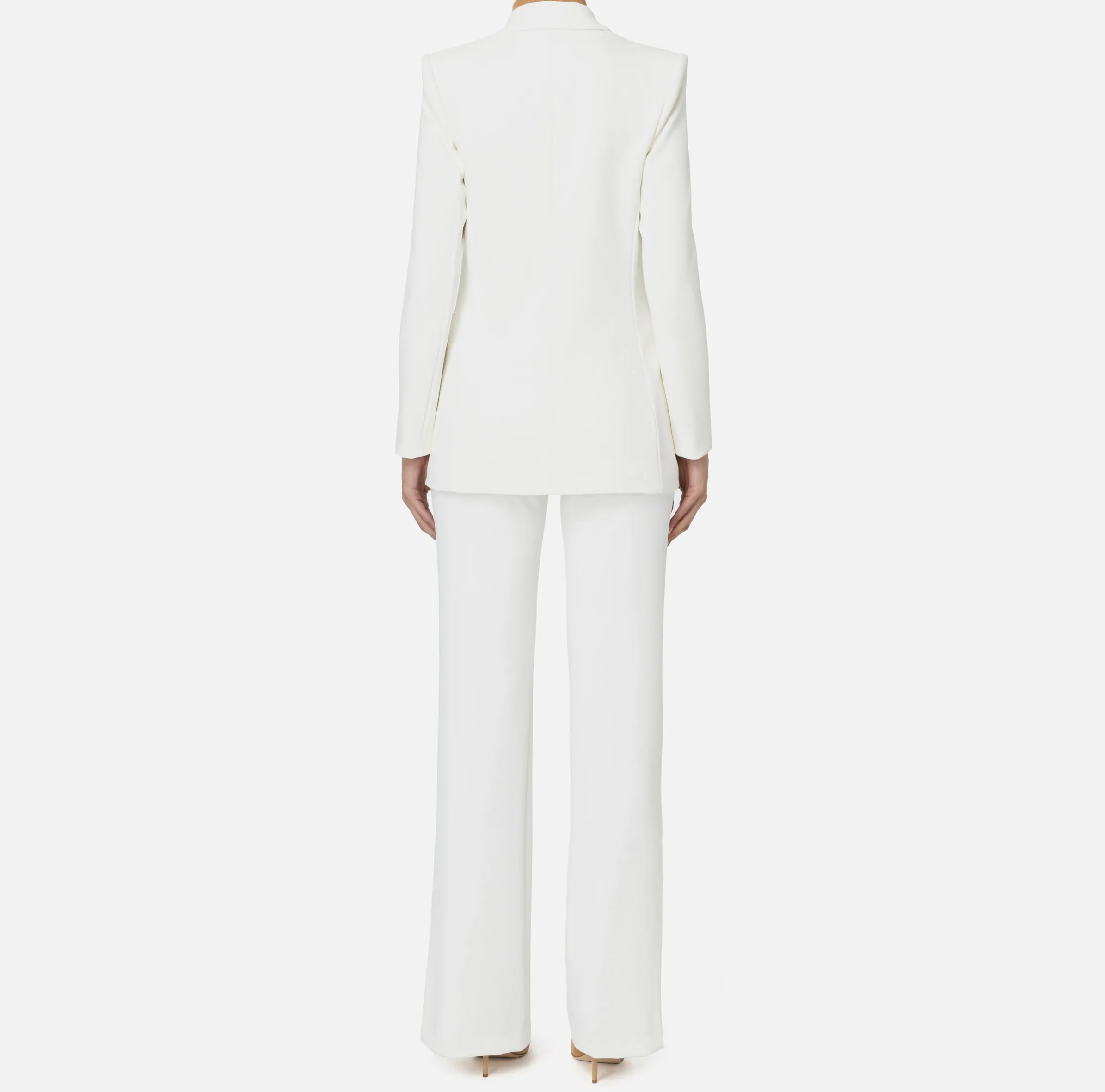 Tailleur in doppio crêpe stretch con giacca dritta e pantalone a palazzo