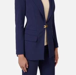 Tailleur in doppio crêpe stretch con giacca dritta e pantalone a palazzo