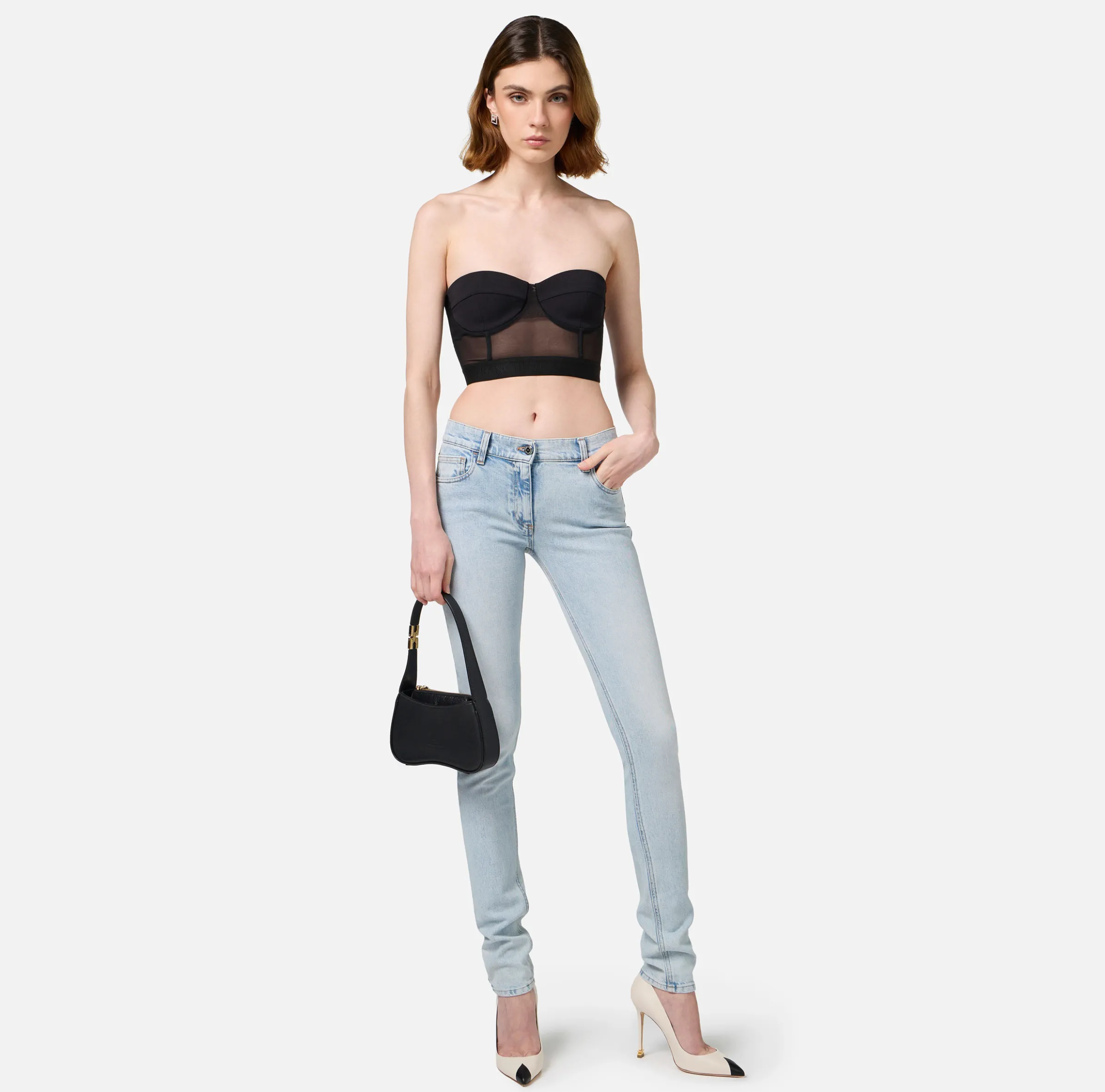 Top a balconcino in crêpe e tulle con elastico