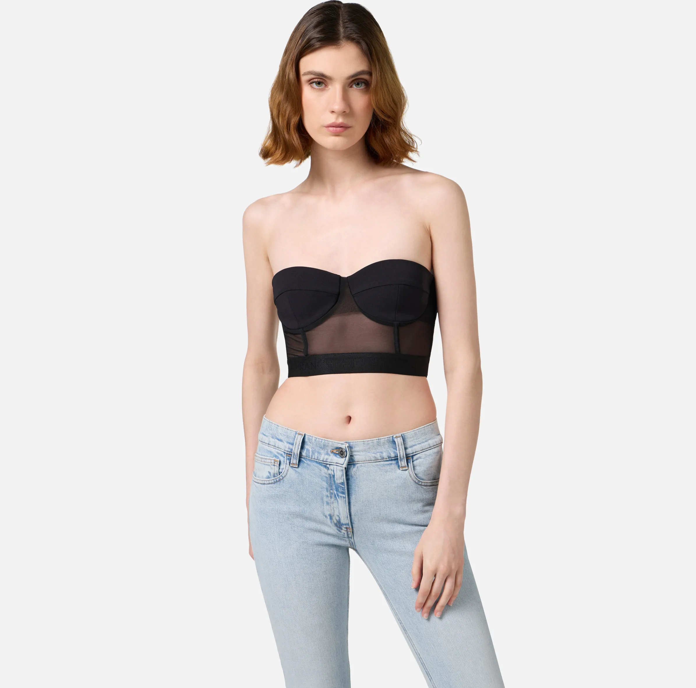 Top a balconcino in crêpe e tulle con elastico