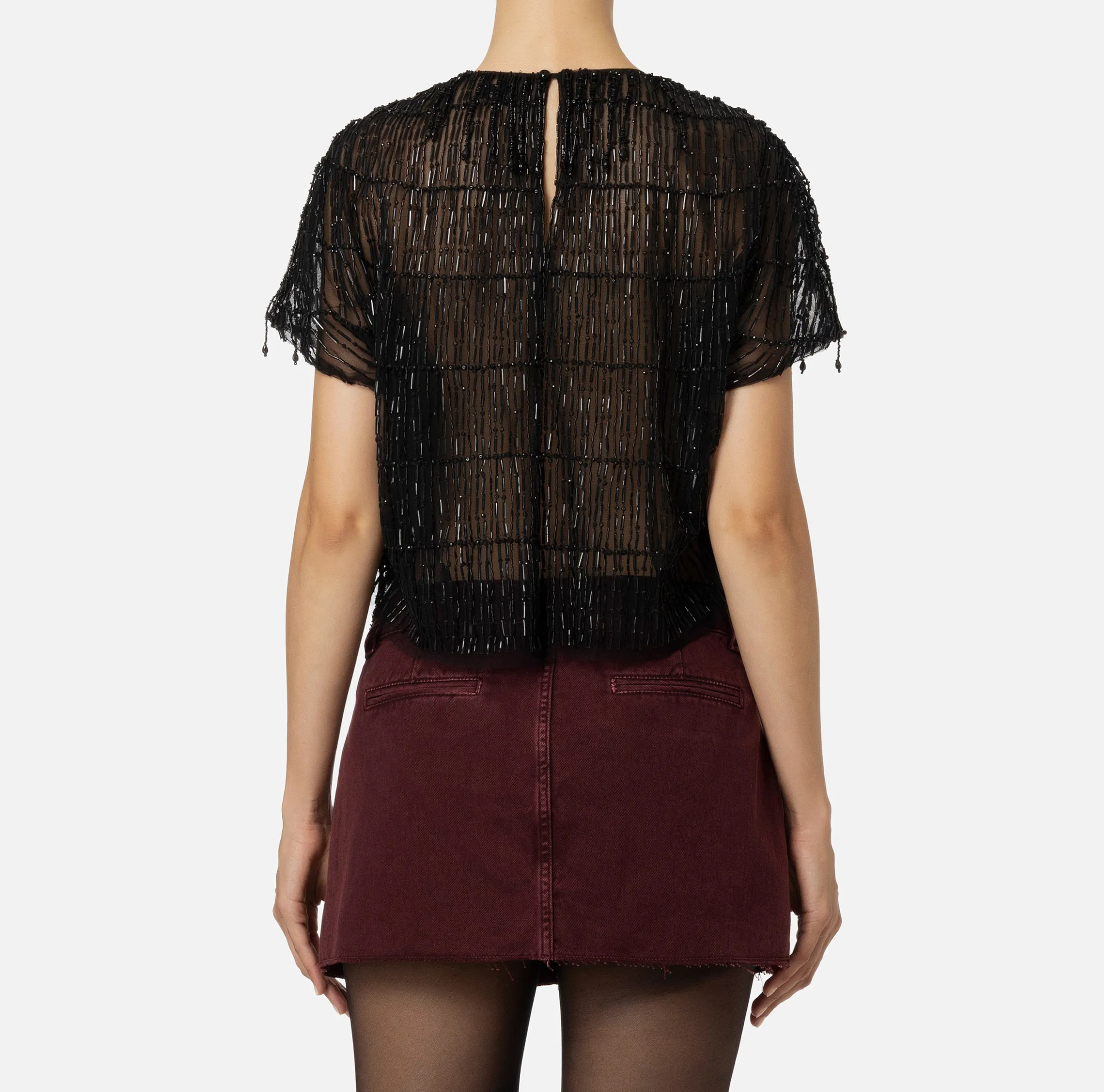 Top boxy in tulle ricamato con paillettes
