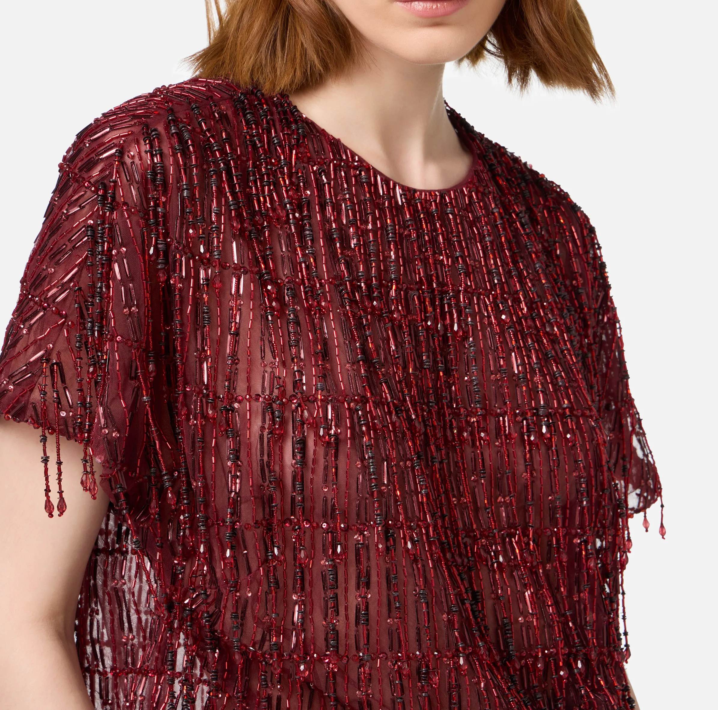 Top boxy in tulle ricamato con paillettes