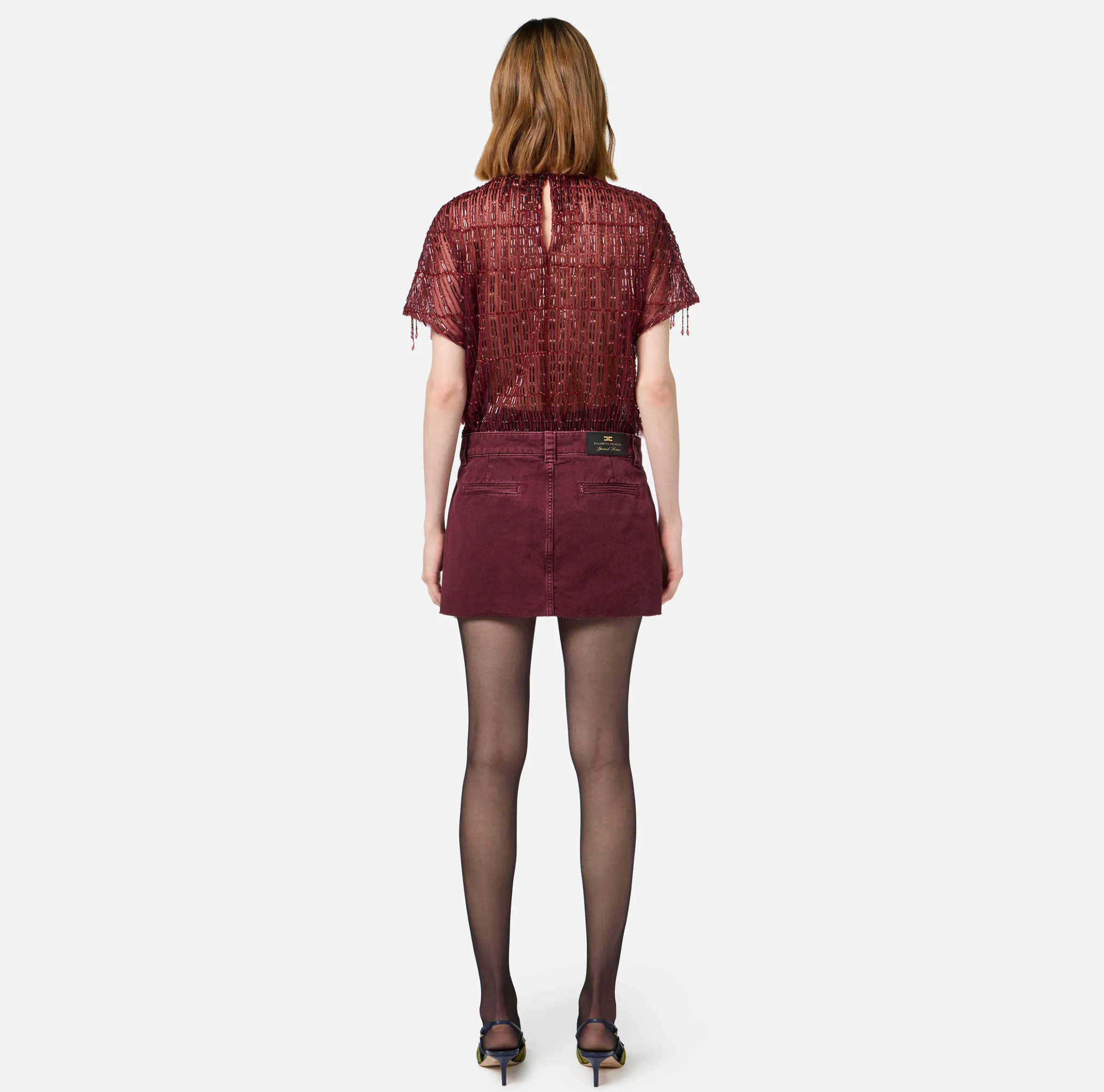 Top boxy in tulle ricamato con paillettes