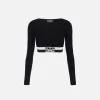 Top cropped in viscosa con bande logo