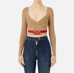Top cropped in viscosa con bande logo