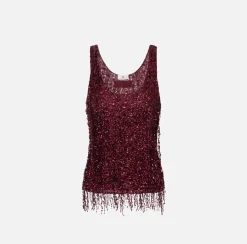 Top in tulle ricamato con frange di paillettes