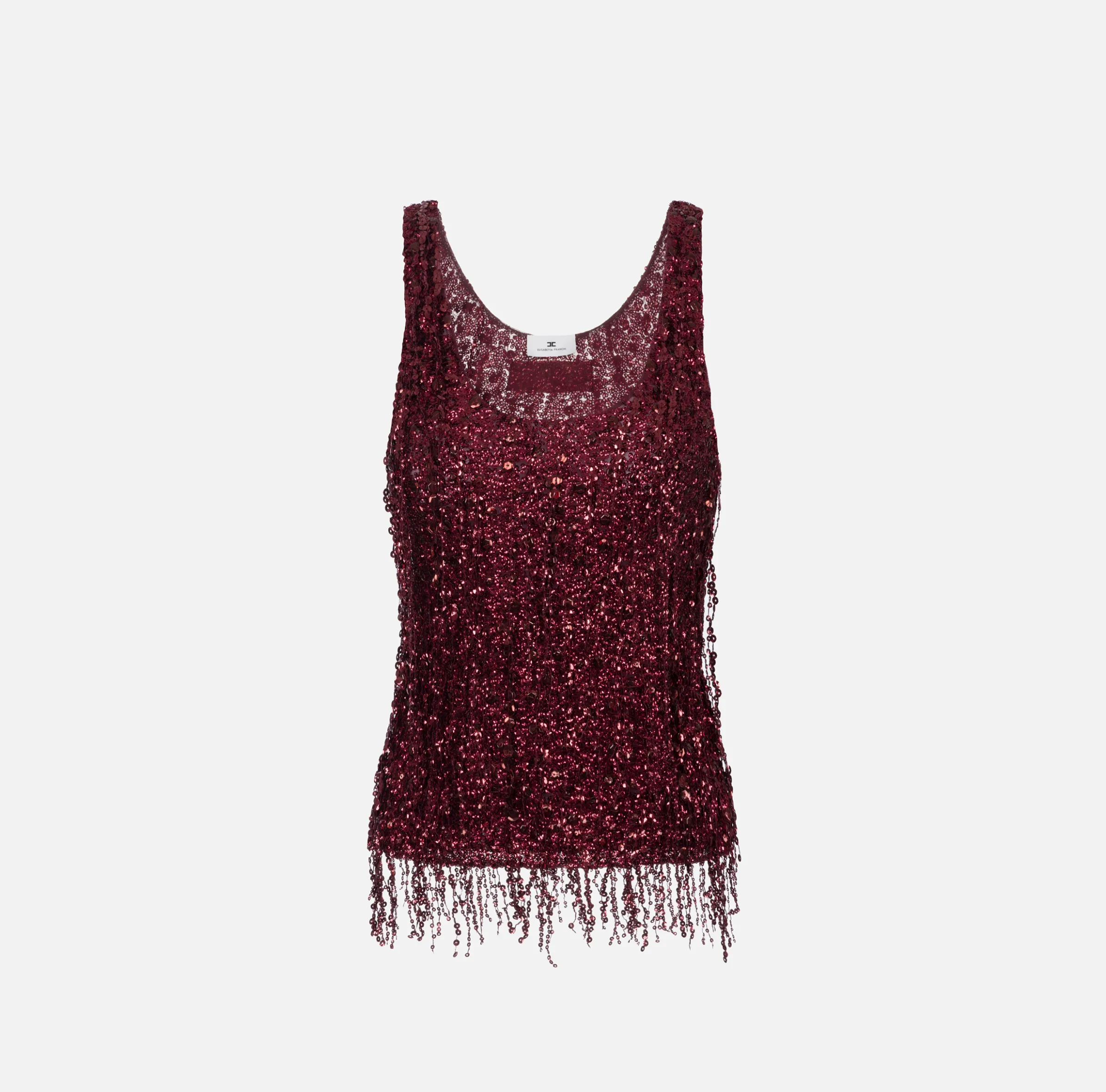 Top in tulle ricamato con frange di paillettes