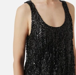 Top in tulle ricamato con frange di paillettes