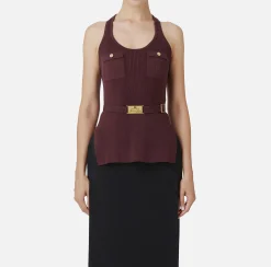Top in viscosa e seta a costine con ricamo logo