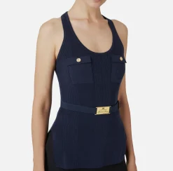 Top in viscosa e seta a costine con ricamo logo