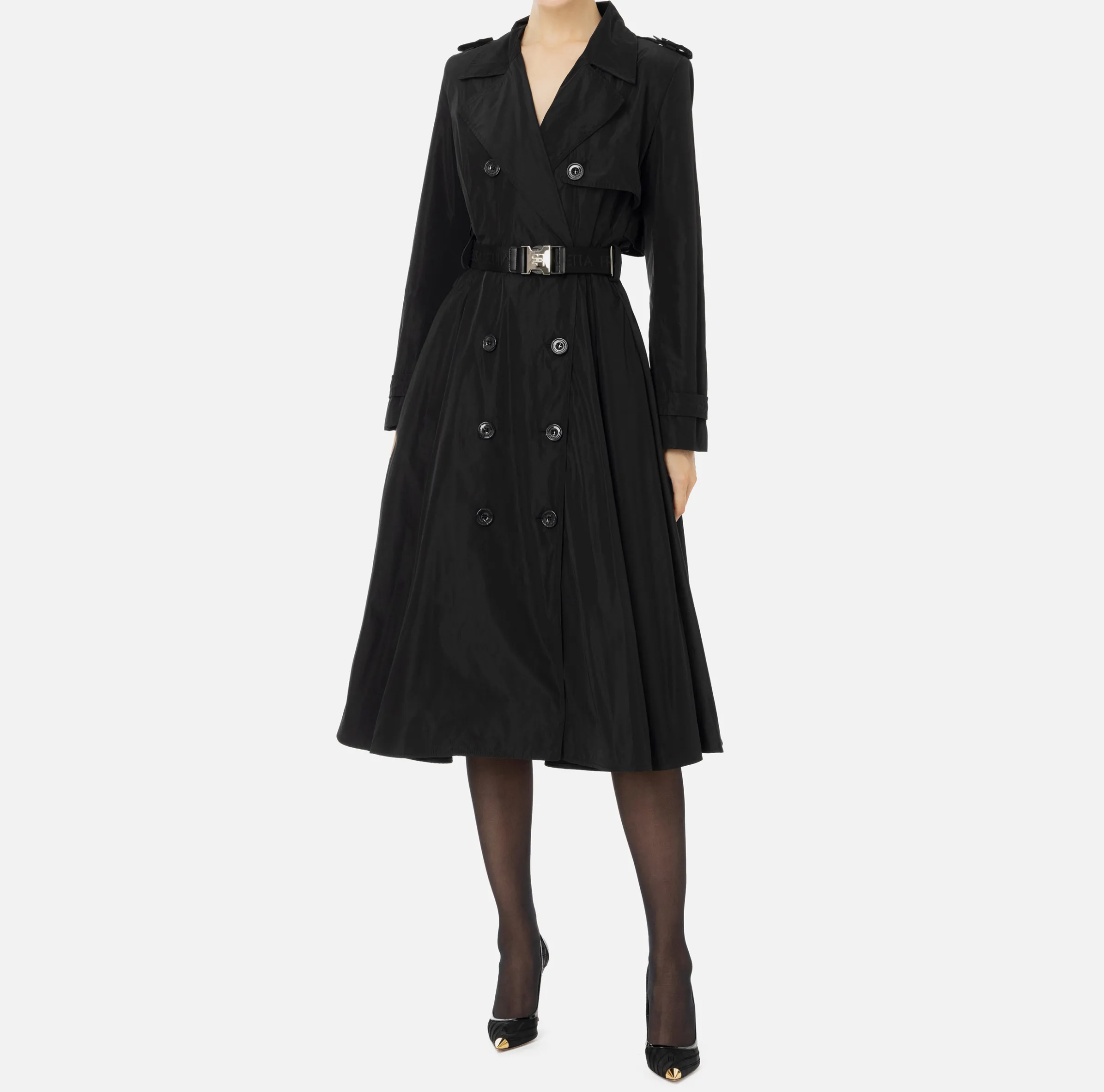 Trench in nylon con gonna a ruota e cintura