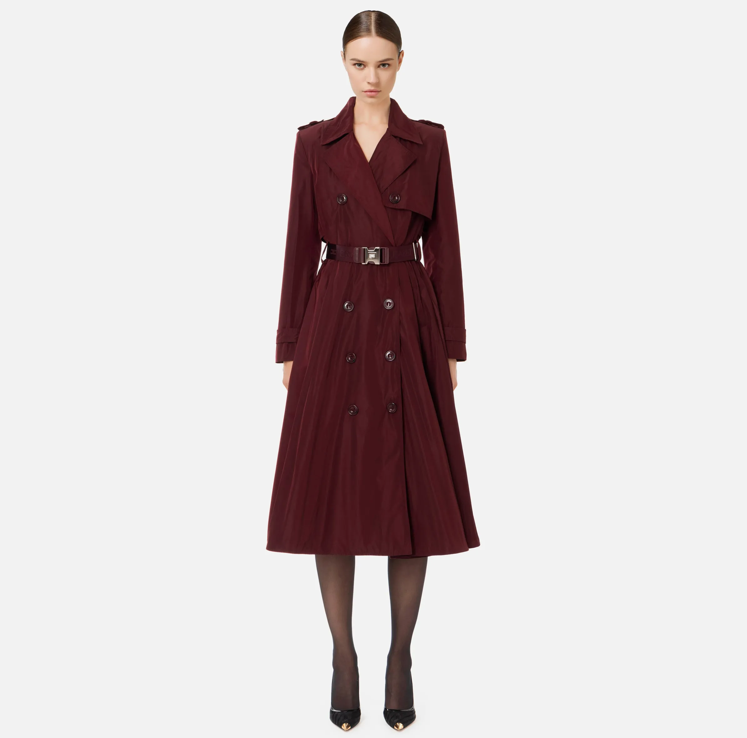 Trench in nylon con gonna a ruota e cintura