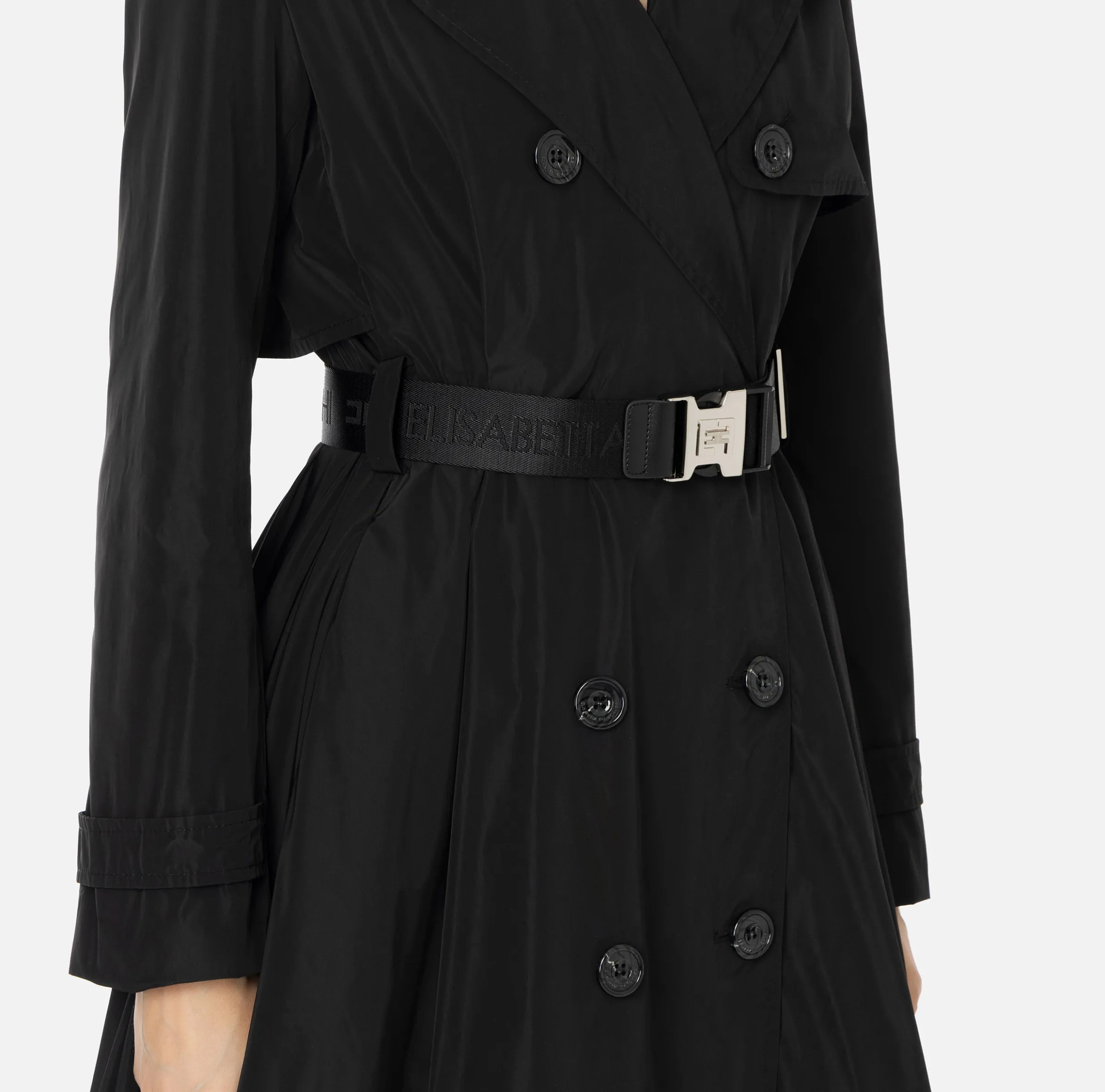 Trench in nylon con gonna a ruota e cintura