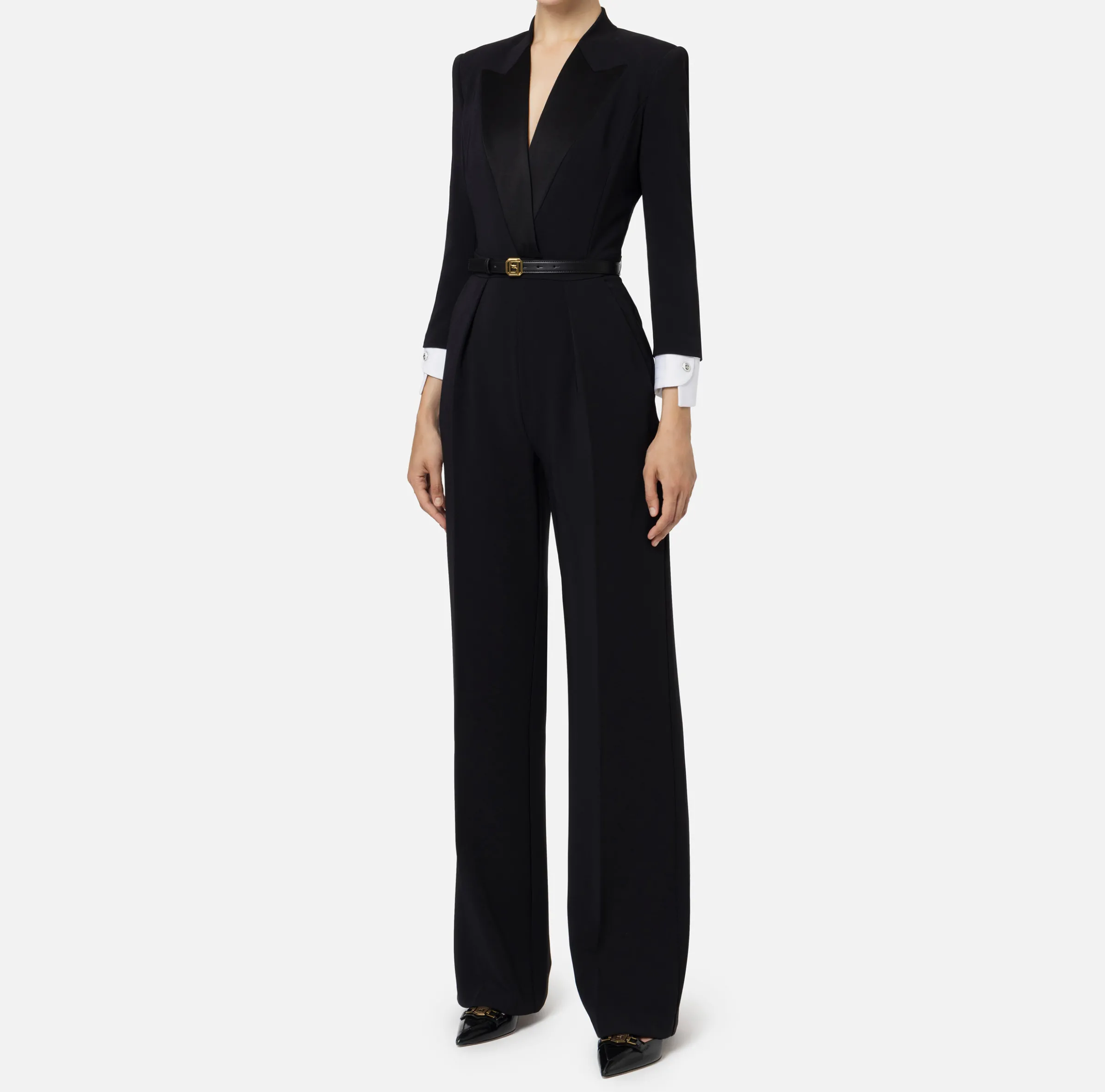 Tuta in crêpe stretch con revers in raso
