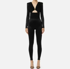 Tuta in lycra lucida con inserti plissé