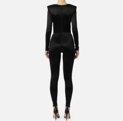 Tuta in lycra lucida con inserti plissé